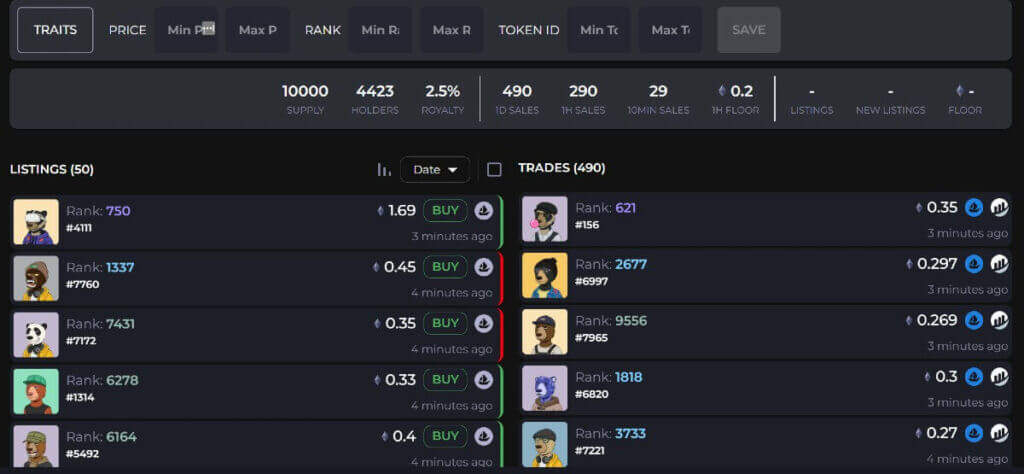 nftnerds shows financial numbers about nft prices etc